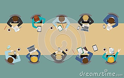 Flat office table top view: meetings, report, brainstorm, staff Vector Illustration