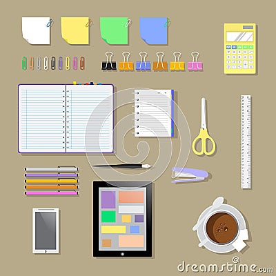 Flat office workplace environment, tools and essentials. Various Vector Illustration