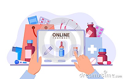 Flat online pharmacy store, medication delivery app. Man hands hold tablet and ordering pills. Medical drug internet Vector Illustration