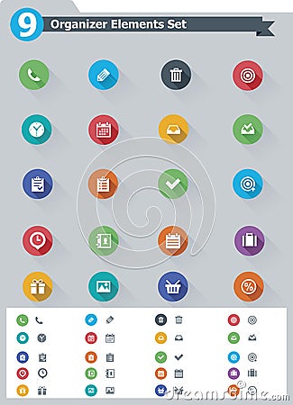 Flat organizer elements icon set Vector Illustration