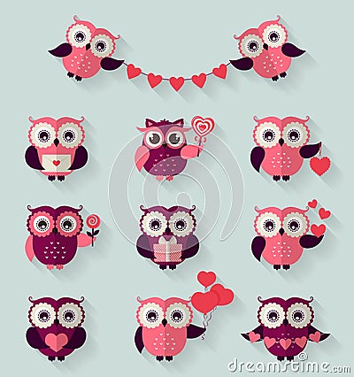 Flat owls. Love, romantic and Valentines Day theme. Vector set. Vector Illustration