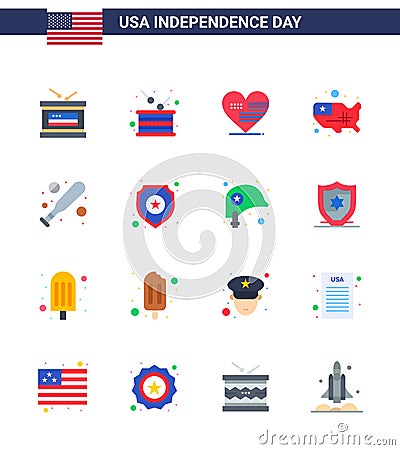 Flat Pack of 16 USA Independence Day Symbols of baseball; united; independence; states; flag Vector Illustration