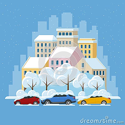 Flat panorama skyline with urban skyscrapers and road with cars. City under snow, Winter city concept. Vector Vector Illustration