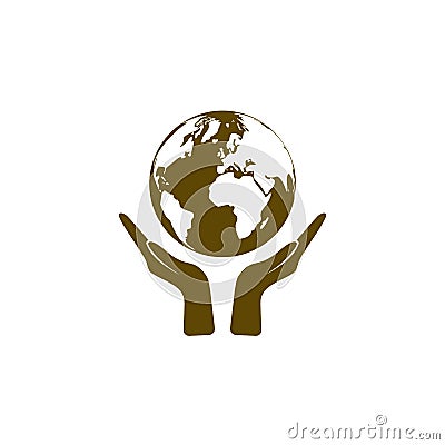 Flat paper cut style icon of two hands holding Earth Cartoon Illustration