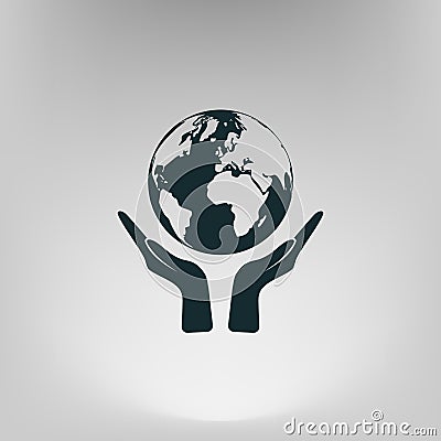 Flat paper cut style icon of two hands holding Earth Cartoon Illustration