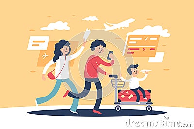 Flat parent with child and travel personal items late for plane. Vector Illustration