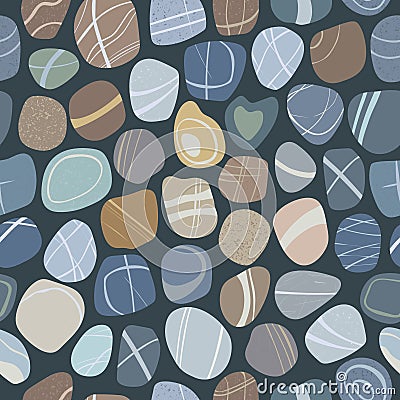 Flat pebble seamless pattern on dark background. Sea stones of different shapes and colors Vector Illustration