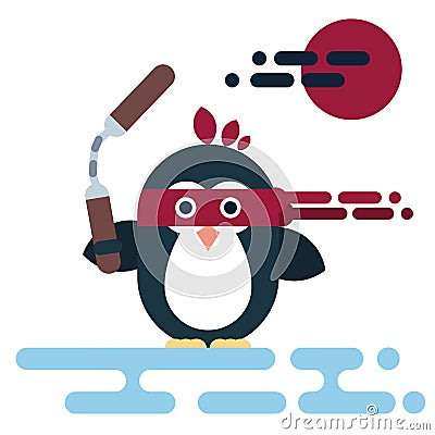 Flat penguin character stylized as a ninja with nunchaku. Vector Illustration