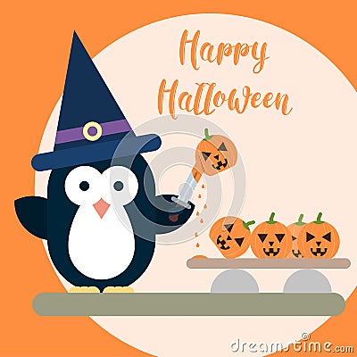 Flat penguin character stylized as witch with knife and with carved pumpkins. Halloween card template. Vector Illustration