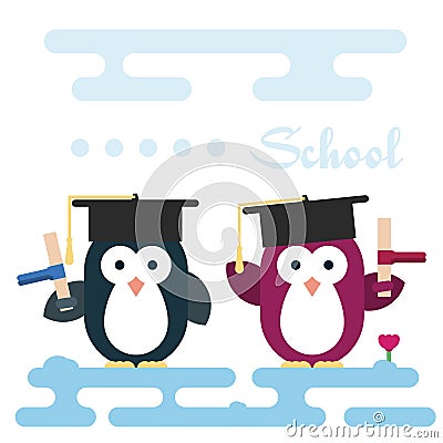 Flat penguins characters stylized as a students. Vector Illustration