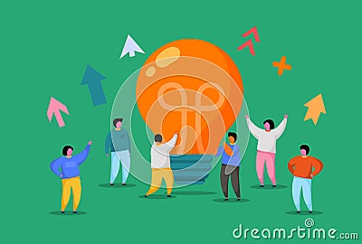 Flat People with Big Light Bulb Idea. Innovation, Brainstorming, Creativity Concept. Characters Working Together on new Vector Illustration