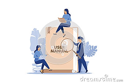 flat people with guide instructions or handbooks flat vector illustration. Cartoon characters reading user manual, guidebook or Vector Illustration