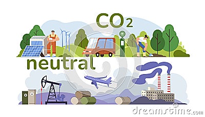 Flat people help save CO2 neutral and eco balance Vector Illustration