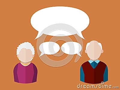 Flat people icons elderly man and elderly woman with different speech bubbles. Vector illustration Vector Illustration