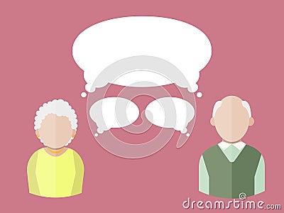 Flat people icons elderly man and elderly woman with different thought bubbles. Vector illustration Vector Illustration