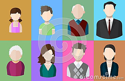 Flat people icons mother, father and their son and daughter, grandpa and grandma, business man and business woman. Vector Illustration