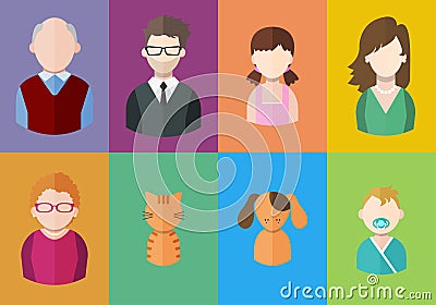 Flat people icons mother, father and their son and daughter Vector Illustration