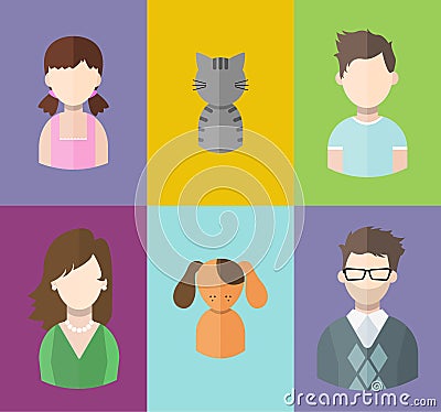 Flat people icons mother, father and their son, daughter and pets. Vector Illustration