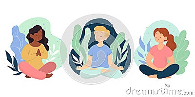 Flat people meditating Vector illustration. Vector Illustration