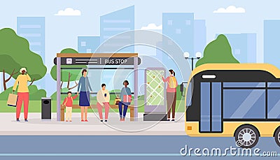 Flat people waiting at city public bus stop. Passengers sitting and standing at station, bus arriving. Urban travel Vector Illustration