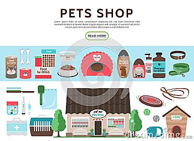 Flat Pets Shop Elements Collection Vector Illustration