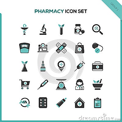 Flat pharmacy and healthcare icon set. First group. Isolated illustration Vector Illustration