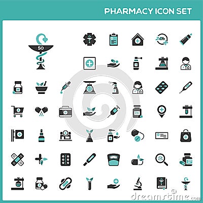 Flat pharmacy and healthcare icon set. Third group. Isolated illustration Vector Illustration