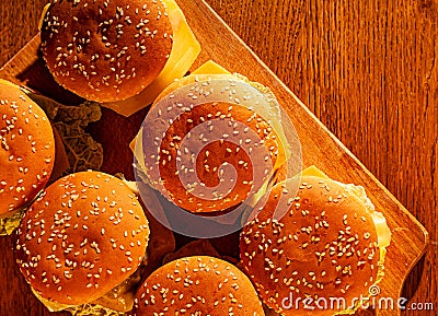 Flat photo burgers on a wooden tray. Stock photo Stock Photo