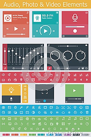 Flat photo, video and audio app UI elements Vector Illustration