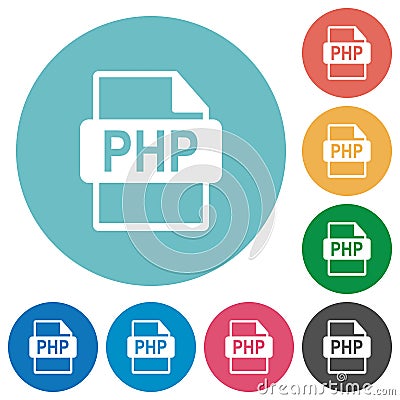 Flat PHP file format icon set on round background Stock Photo