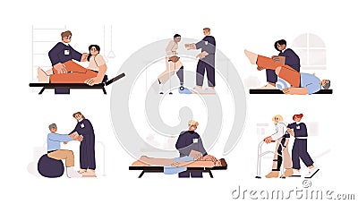 Flat physiotherapy doctor help patient recovery after leg injuries Vector Illustration