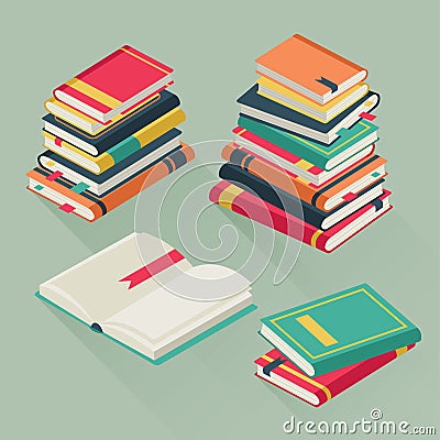 Flat pile books. Stacked textbooks, study literature history school library education teaching lesson book stack vector Vector Illustration