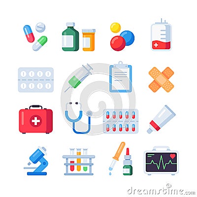 Flat pill icons. Medication dose of drug for treatment. Medicine bottle and pills in blister packs cartoon icon set Vector Illustration