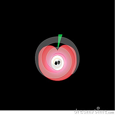 Flat pink apple with seeds and green leaf on black background Cartoon Illustration