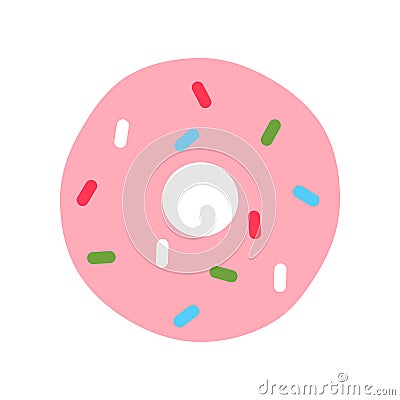 Flat pink glazed donut with colorful sprinkles. Vector Illustration