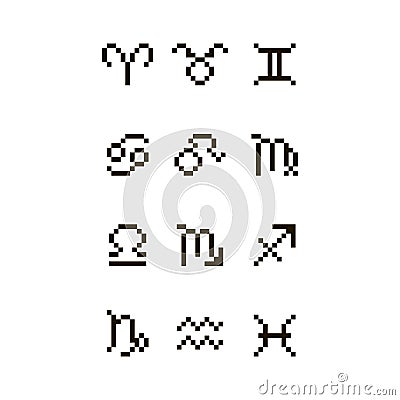 Flat pixel art illustration of set of black and white zodiac signs icons Vector Illustration