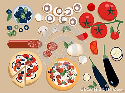 Flat pizza ingredients set entire and cut into pieces: olives, mushrooms, tomato, salami, mozzarella, eggplant. Two Vector Illustration