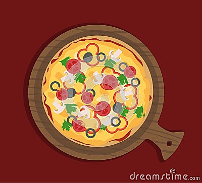 Flat pizza with vegetables on paddle Vector Illustration