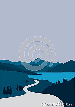 Flat portrait design from views of roads in the mountains and lakes Vector Illustration