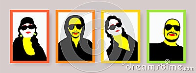 Flat portraits of a girl and a guy in sunglasses. Hand drawn wall pictures of stylish and fashionable people. Vector sketch of man Vector Illustration