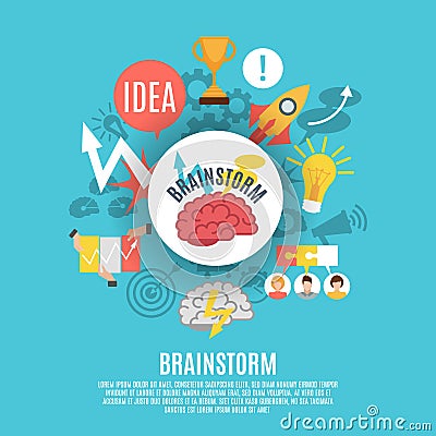 Flat Poster With Brainstorm Icons Vector Illustration