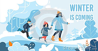 Flat Poster with Snowy Woodland and Happy Family Vector Illustration