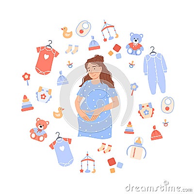 Flat pregnant woman on white baby background. Vector Illustration