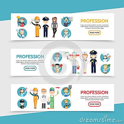 Flat Professions Horizontal Banners Vector Illustration