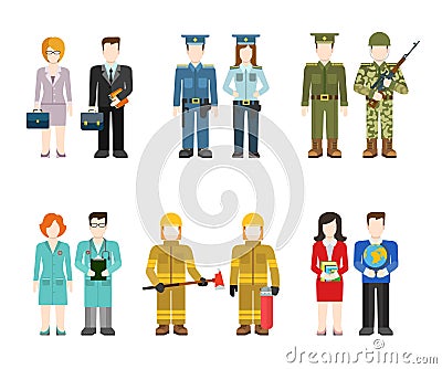 Flat professions uniform: army, police, doctor, fireman, teacher Vector Illustration