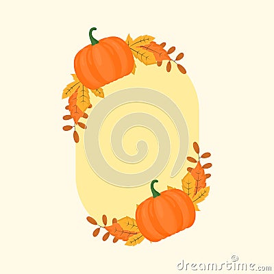 Flat Pumpkins With Autumn Leaves Decorative Oval Yellow Frame And Copy Stock Photo