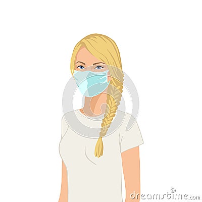 Flat realistic european woman with mask. Coronavirus concept. Vector Illustration