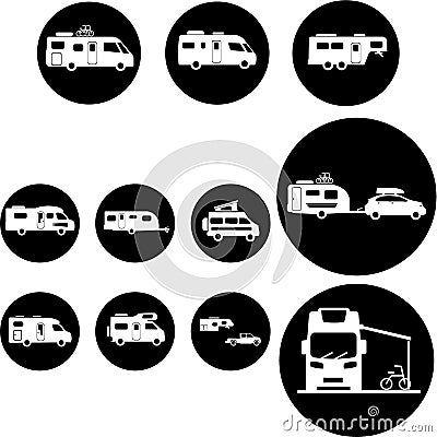 Flat Recreational Vehicles Icons set, motorhome Vector Illustration