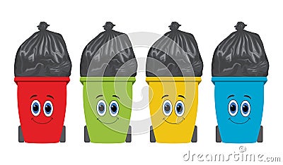 Flat recycling wheelie bins full of rubbish. vector Vector Illustration