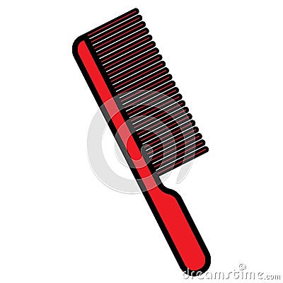 Flat red icon is a simple fashionable glamorous comb with a pen and teeth, a hairdresser`s tool for making hair and beauty Vector Illustration